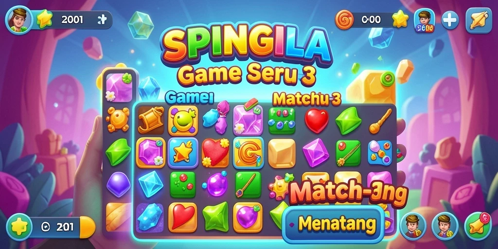 Tangkapan layar SPINGILA menampilkan gameplay Match-3 yang seru dan penuh warna.