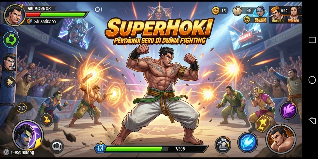 Screenshot utama SUPERHOKI menampilkan duel seru antara karakter.